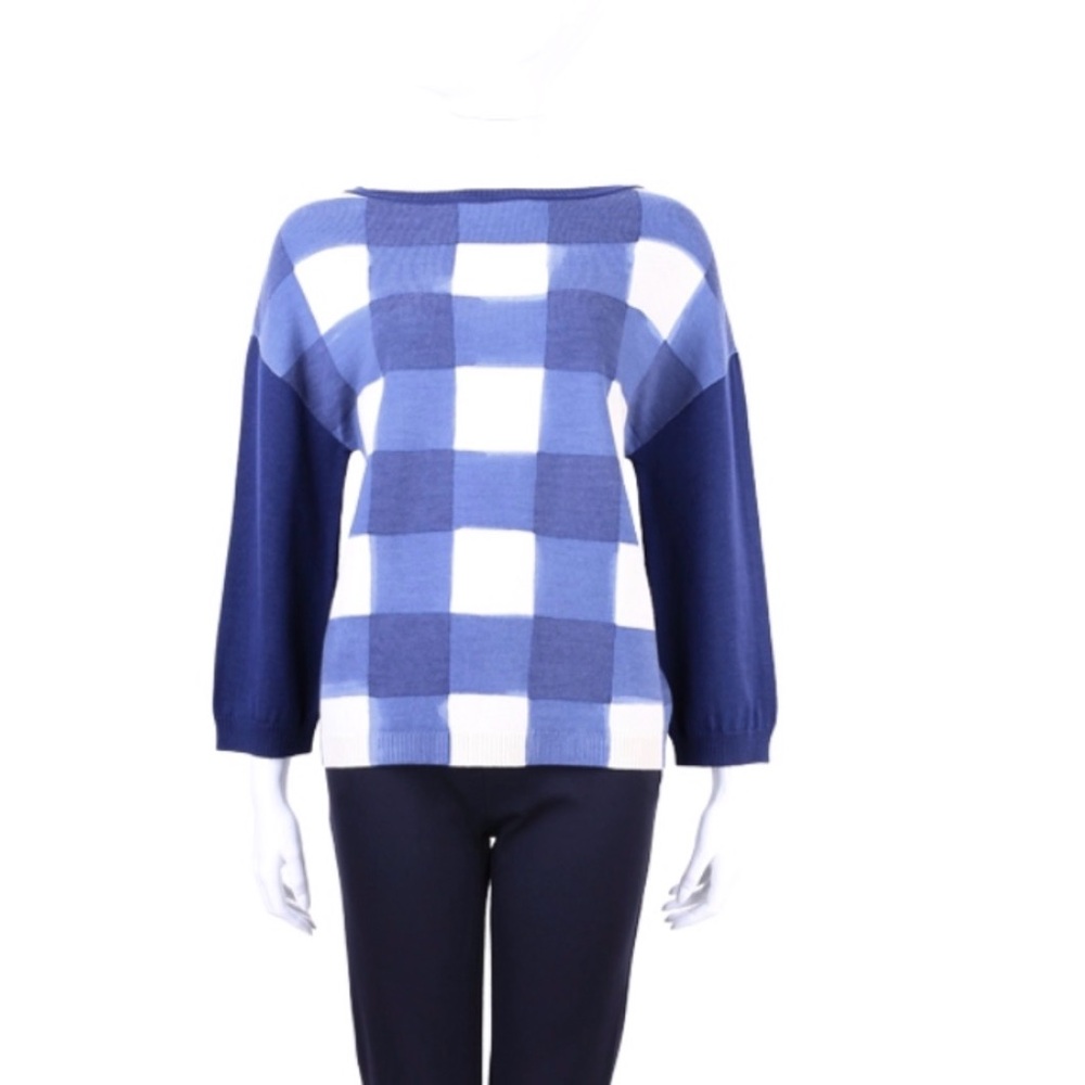 Moschino Blue & White Checkered 100% Wool Long Sleeve Sweater